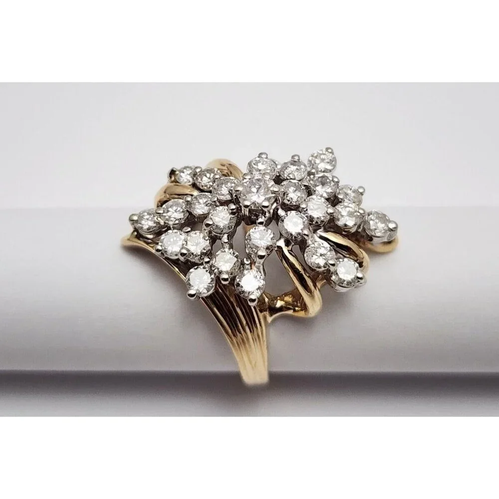 Unique 14K Karat Solid Yellow Gold Designer Round Diamond Cluster Ring - Size 6